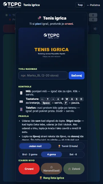 Početni ekran tenis igrice Teniskog saveza Republike Srpske